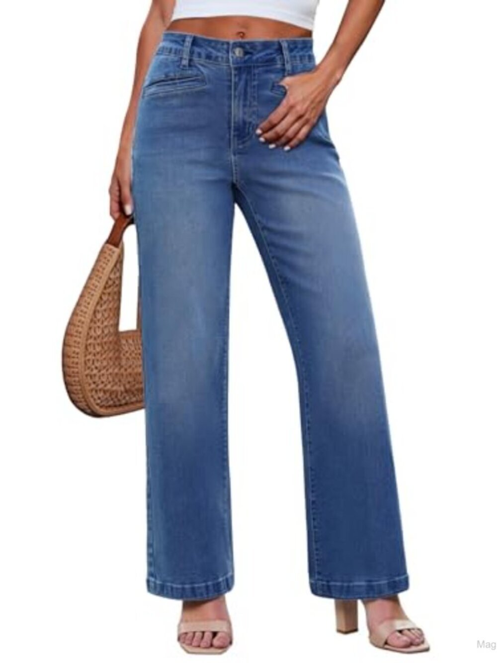 Women's Wide Leg High Waisted Stretchy Denim Jeans with Welt Pockets